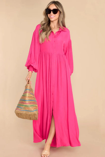 Rose Bubble Sleeve Shirt Maxi Dress - Chic Meadow Boutique 