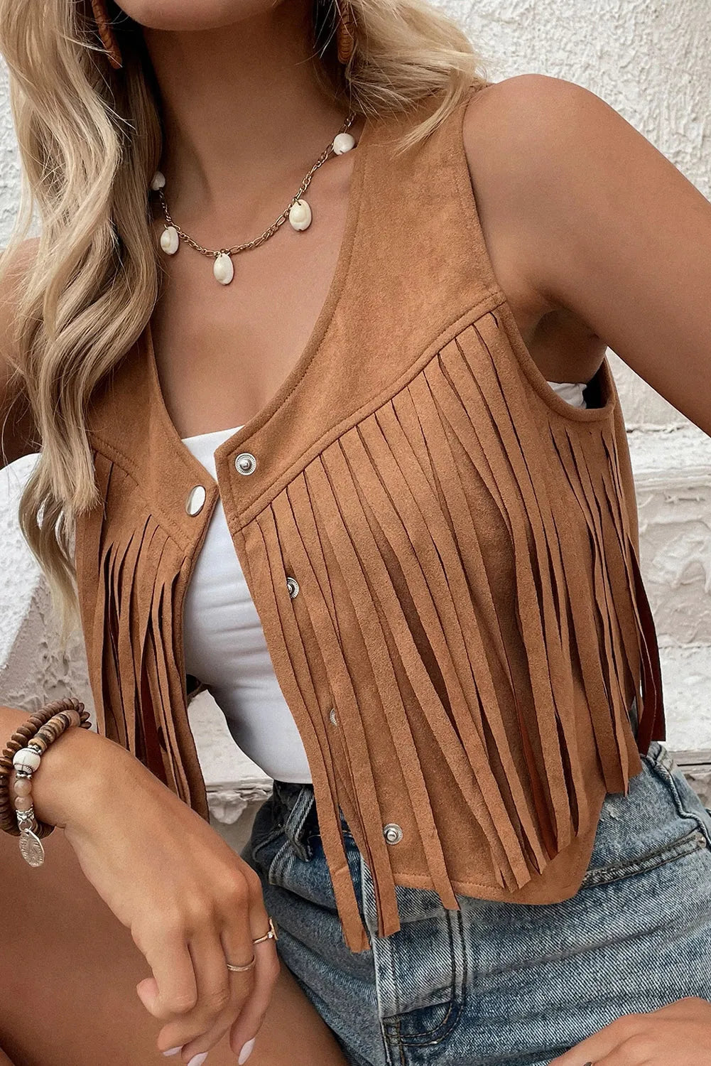 Camel Fringed Snap Button Front Suedette Vest - Chic Meadow Boutique 