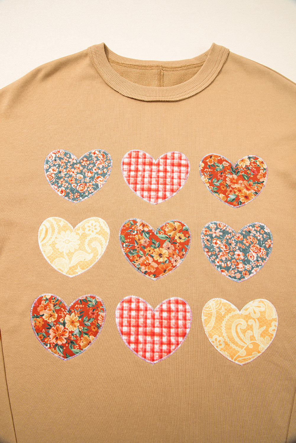 Straw Yellow Plaid Floral Heart Stitched Exposed Seam Mineral Wash Sweatshirt