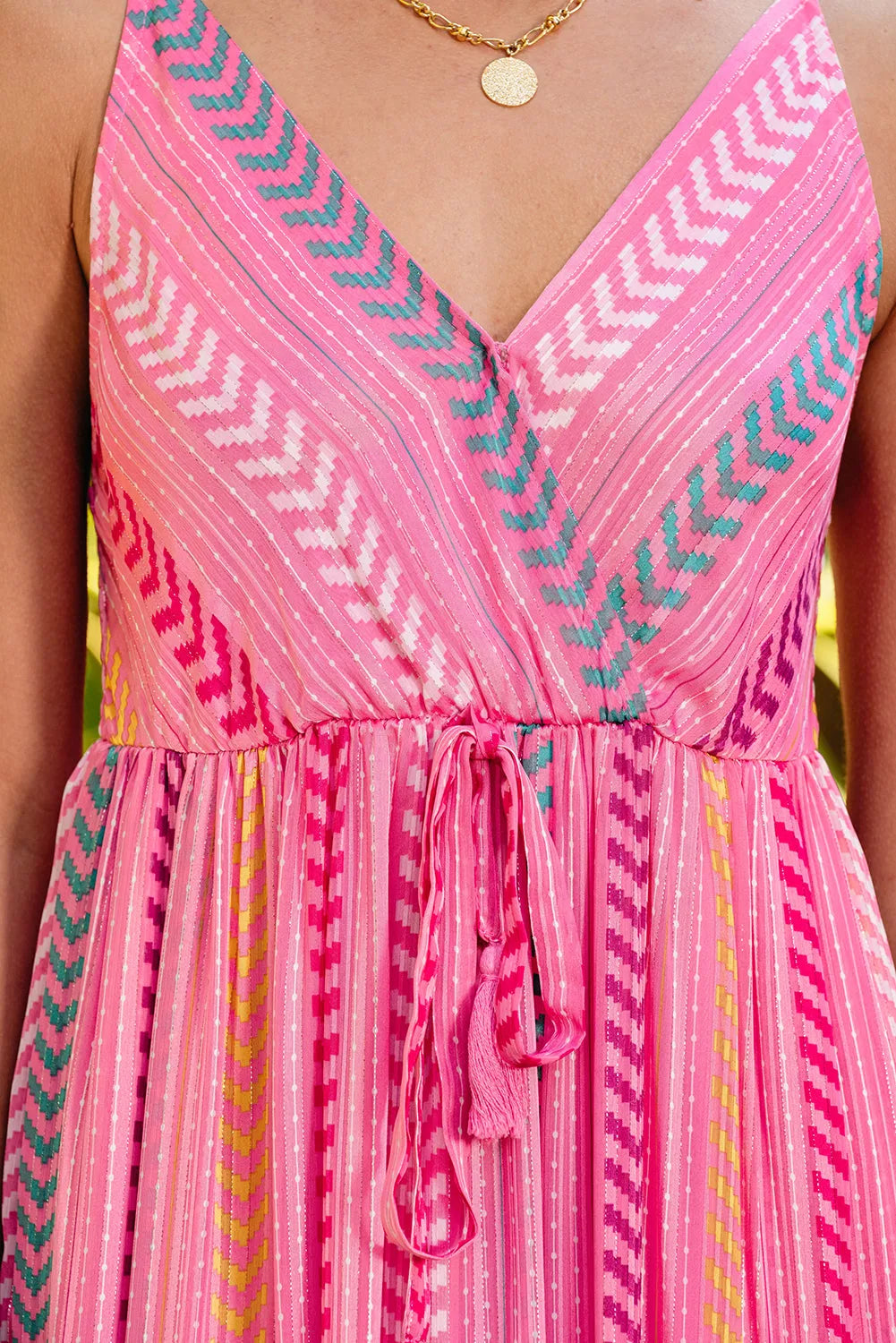 Pink Western Printed Tassel Tie V Neck Wrap Maxi Dress - Chic Meadow Boutique 