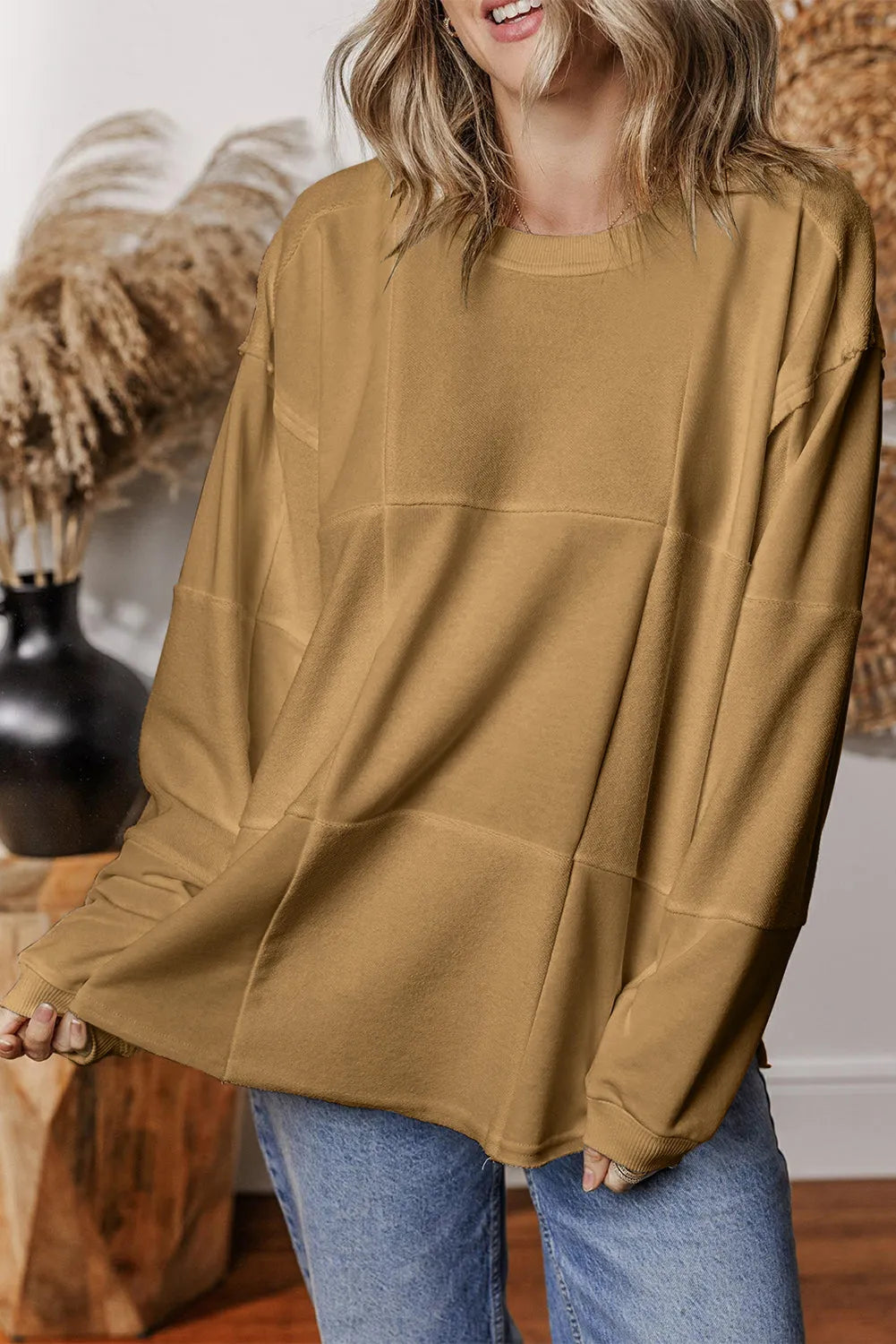 Light French Beige Solid Color Patchwork Drop Shoulder Baggy Sweatshirt - Chic Meadow Boutique 