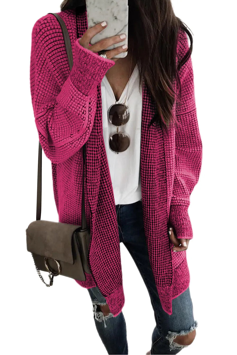 Rose Plaid Knitted Long Open Front Cardigan - Chic Meadow Boutique 