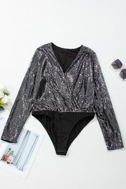 Black Sequin Mesh Long Sleeve Surplice Neck Bodysuit - Chic Meadow Boutique 