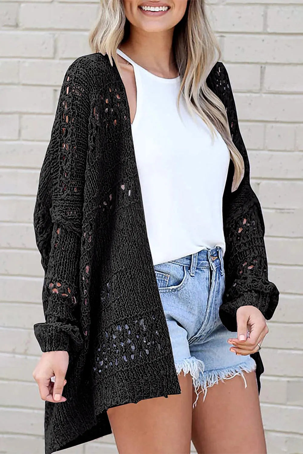 Black Casual Hollowed Knit Dolman Sleeve Cardigan - Chic Meadow Boutique 