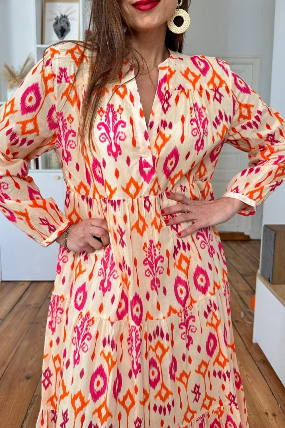 Orange Western Abstract Geometric Printed Maxi Dress - Chic Meadow Boutique 