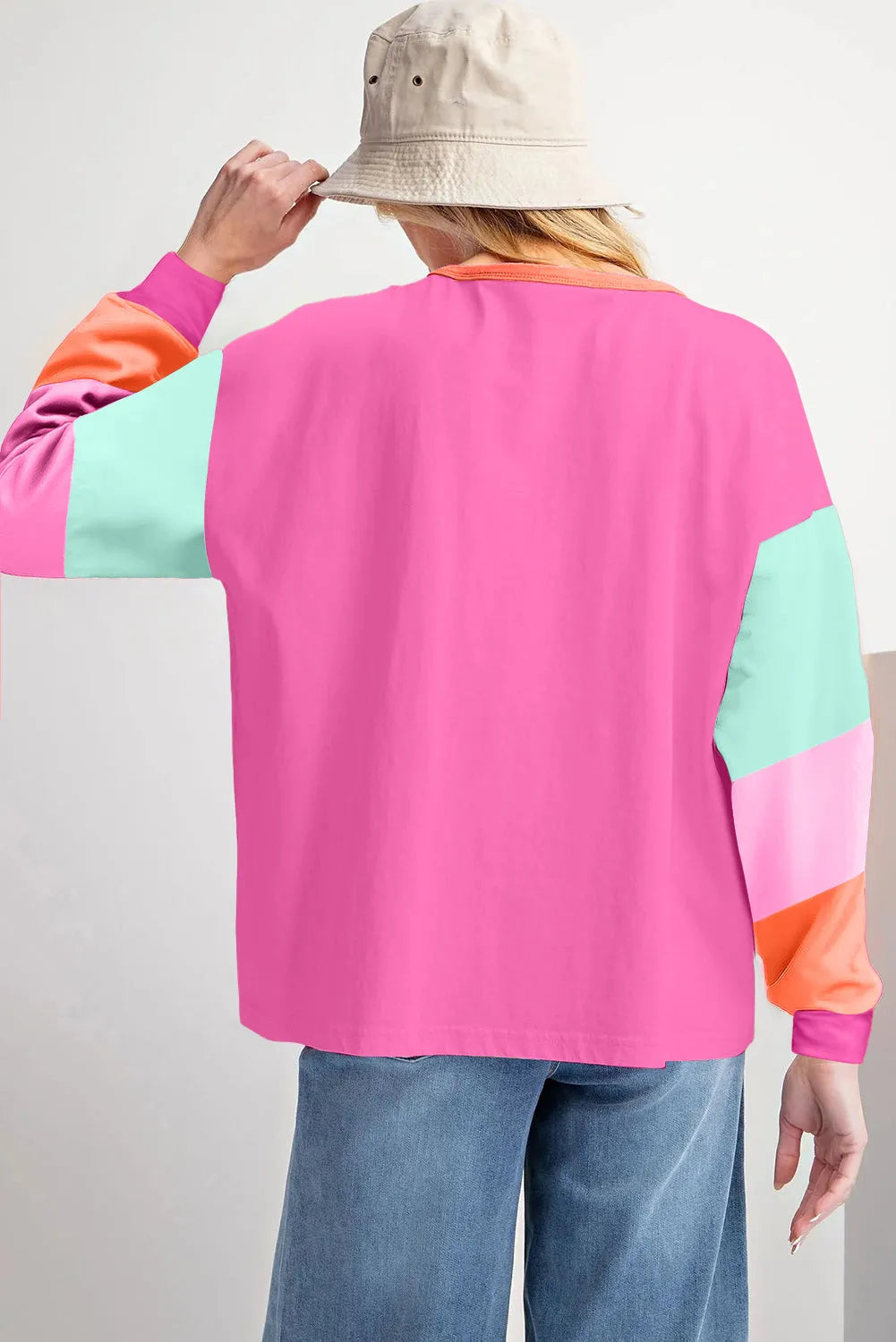 Rose Red Colorblock Patchwork Long Sleeve Loose Top - Chic Meadow Boutique 