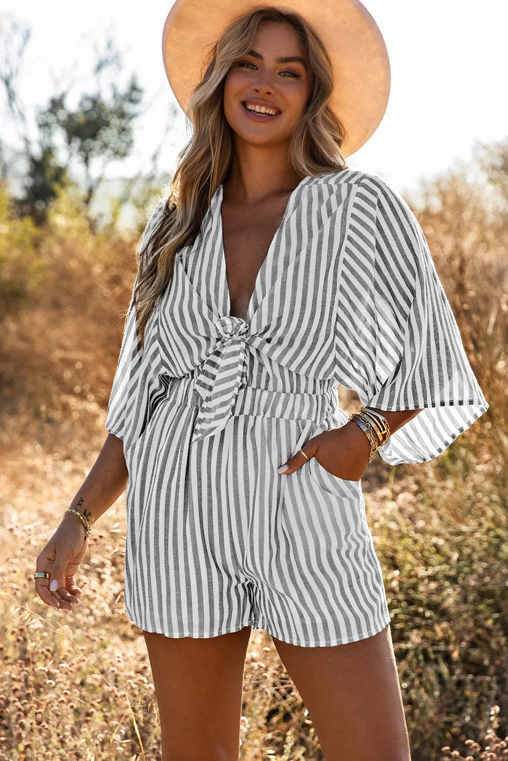 Gray 3/4 Wide Kimono Sleeves Tie Front Striped Romper with Pockets - Chic Meadow Boutique 