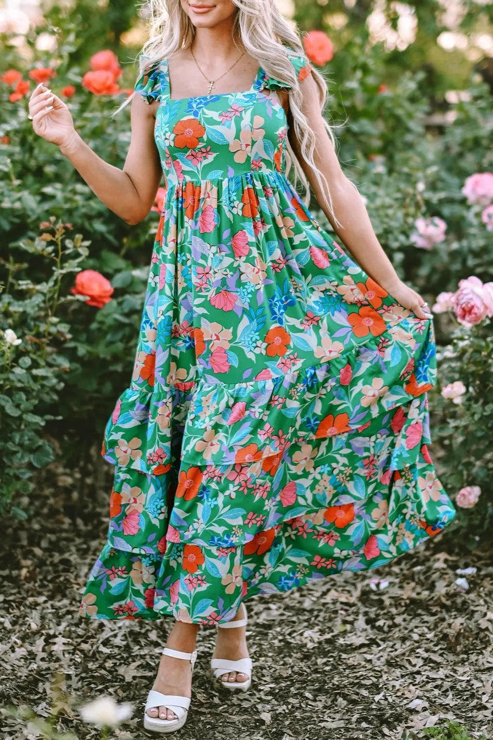 Dresses/Floral Dresses Green Floral Print Sleeveless Ruffle Tiered Maxi Dress