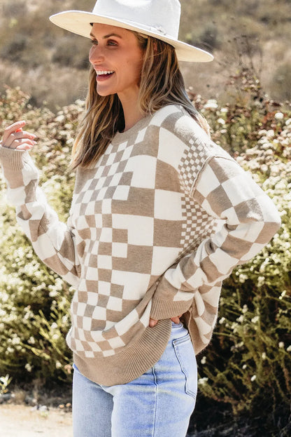 Khaki Checkered Print Drop Shoulder Round Neck Sweater - Chic Meadow Boutique 