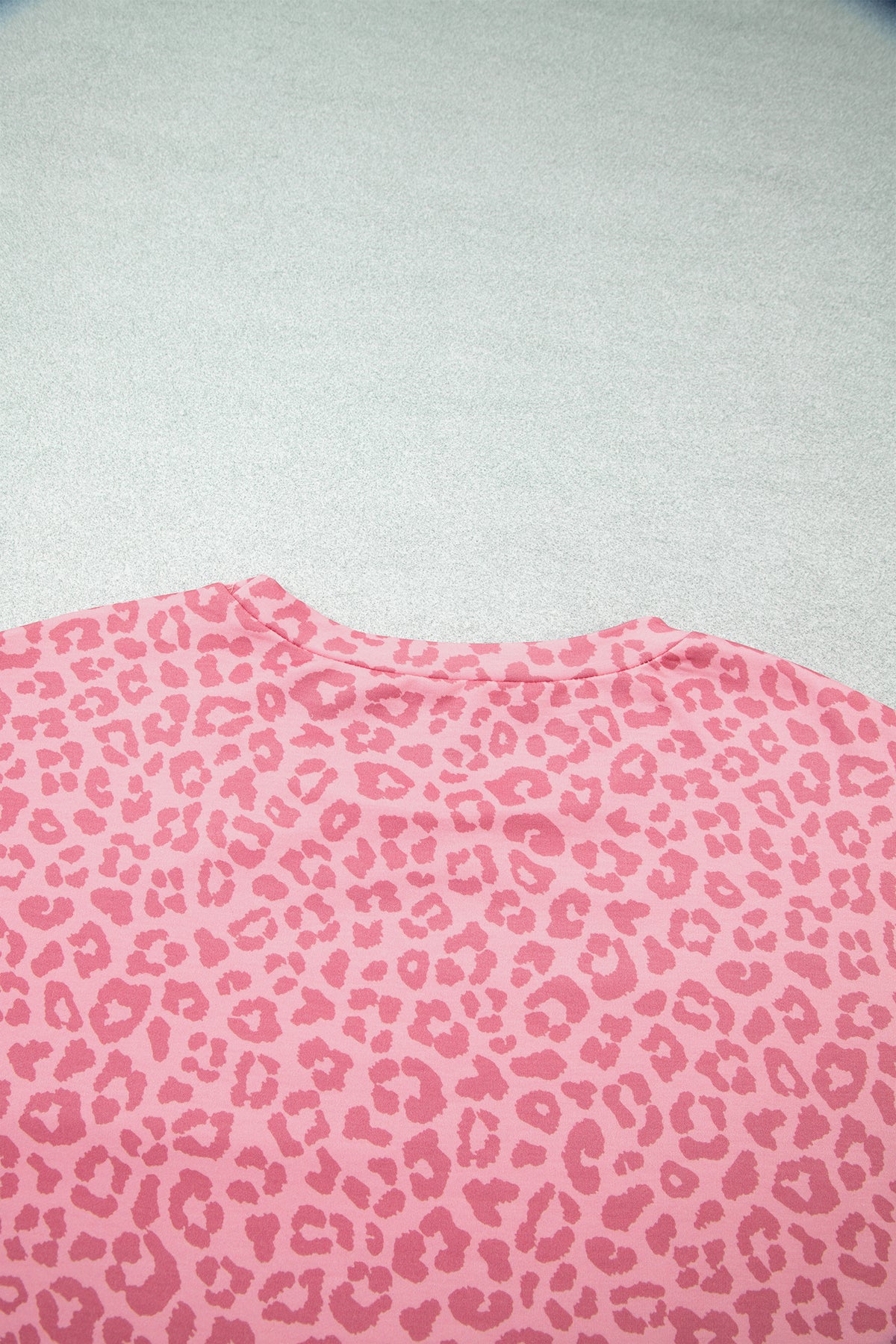 Pink Leopard Print Varsity Striped Detail 3/4 Sleeve Top Shift Pant Set