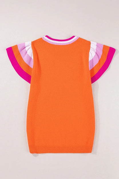 Carrot Contrast Flutter Sleeves Knitted Sweater T Shirt - Chic Meadow Boutique 