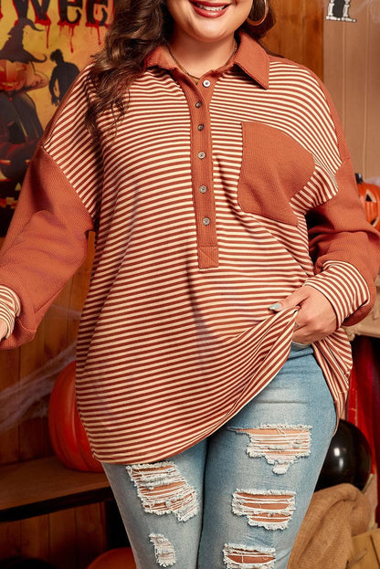 Plus Size/Plus Size Sweatshirts & Hoodies Red Stripe Textured Patched Drop Shoulder Buttoned Plus Size Sweatshirt