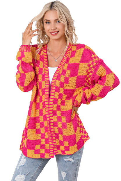 Multicolor Open Front Mixed Checkered Pattern Knit Cardigan - Chic Meadow Boutique 