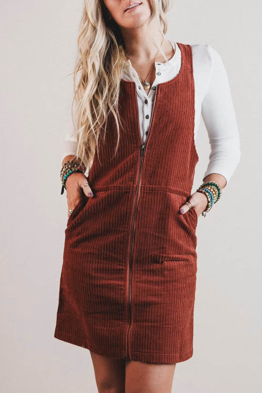 Clay Ribbed Corduroy Zip-Up Sleeveless Pocket Sheath Dress