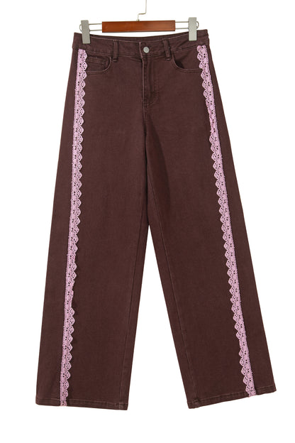 Coffee Lace Trim Casual Full-Length Regular Fit Jeans