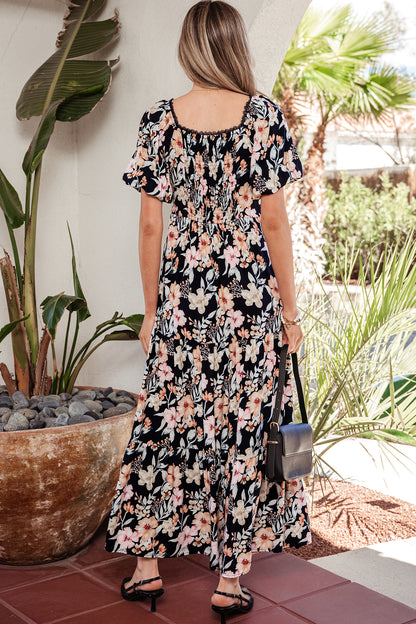Blue Short Sleeve Smocked Detail High Waist Floral Maxi Dress