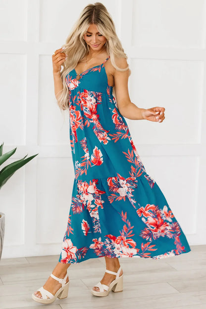 Sky Blue Strappy Open Back Floral Maxi Dress - Chic Meadow Boutique 