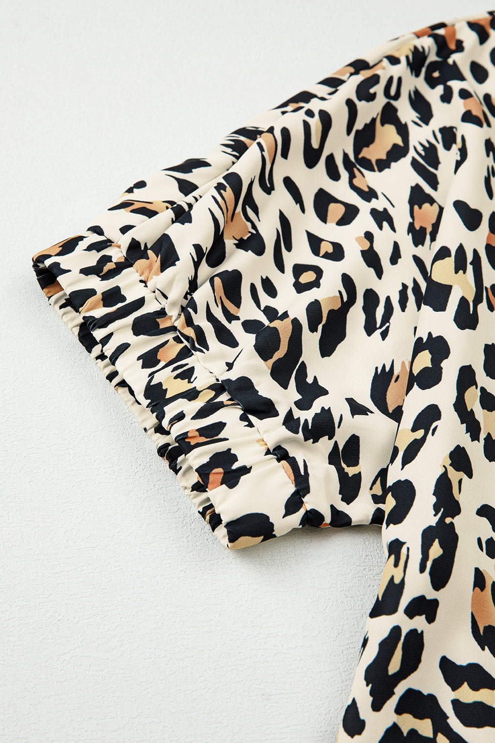 Khaki Leopard Color Block Contrast Striped V Neck Half Sleeve Loose Fit Blouse