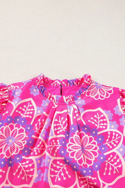 Rose Floral Print Frilled Neck Smocked Puff Sleeve Blouse - Chic Meadow Boutique 