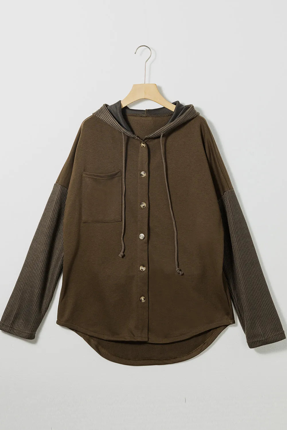 Dark Brown Button Up Contrast Knitted Sleeves Hooded Jacket - Chic Meadow Boutique 