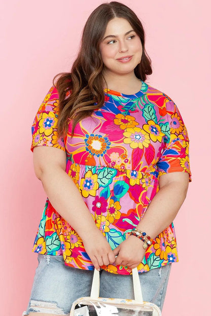 Plus Size/Plus Size Tops/Plus Size Blouses & Shirts Pink Floral Print Short Sleeve Plus Size Babydoll Blouse