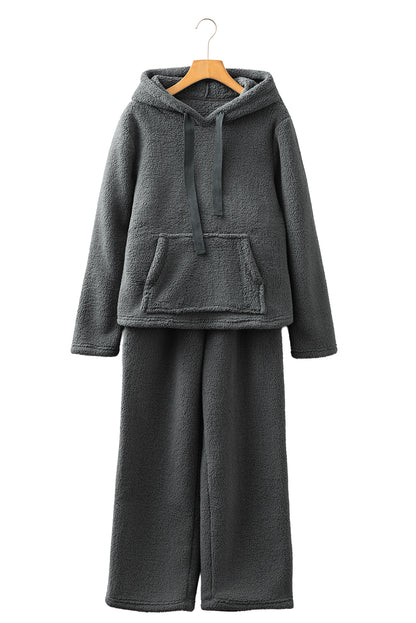 Medium Grey Fuzzy Drawstring Hoodie Lounge Pants 2pcs Set