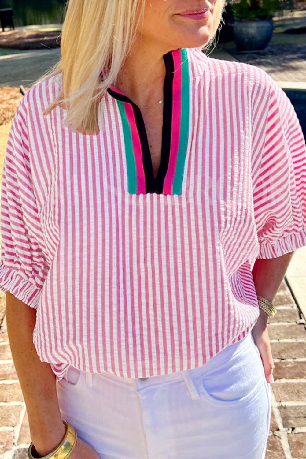 Sachet Pink Striped Print Contrast Split Neck Dolman Sleeve Blouse