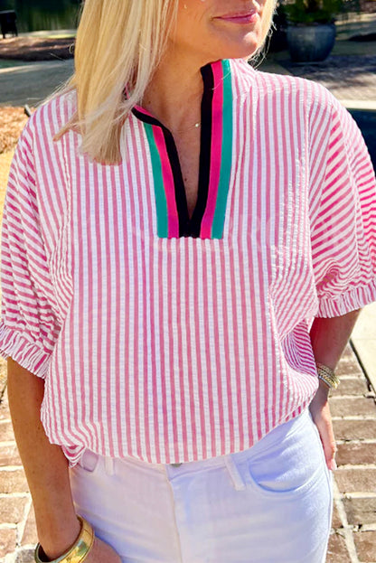 Sachet Pink Striped Print Contrast Split Neck Dolman Sleeve Blouse