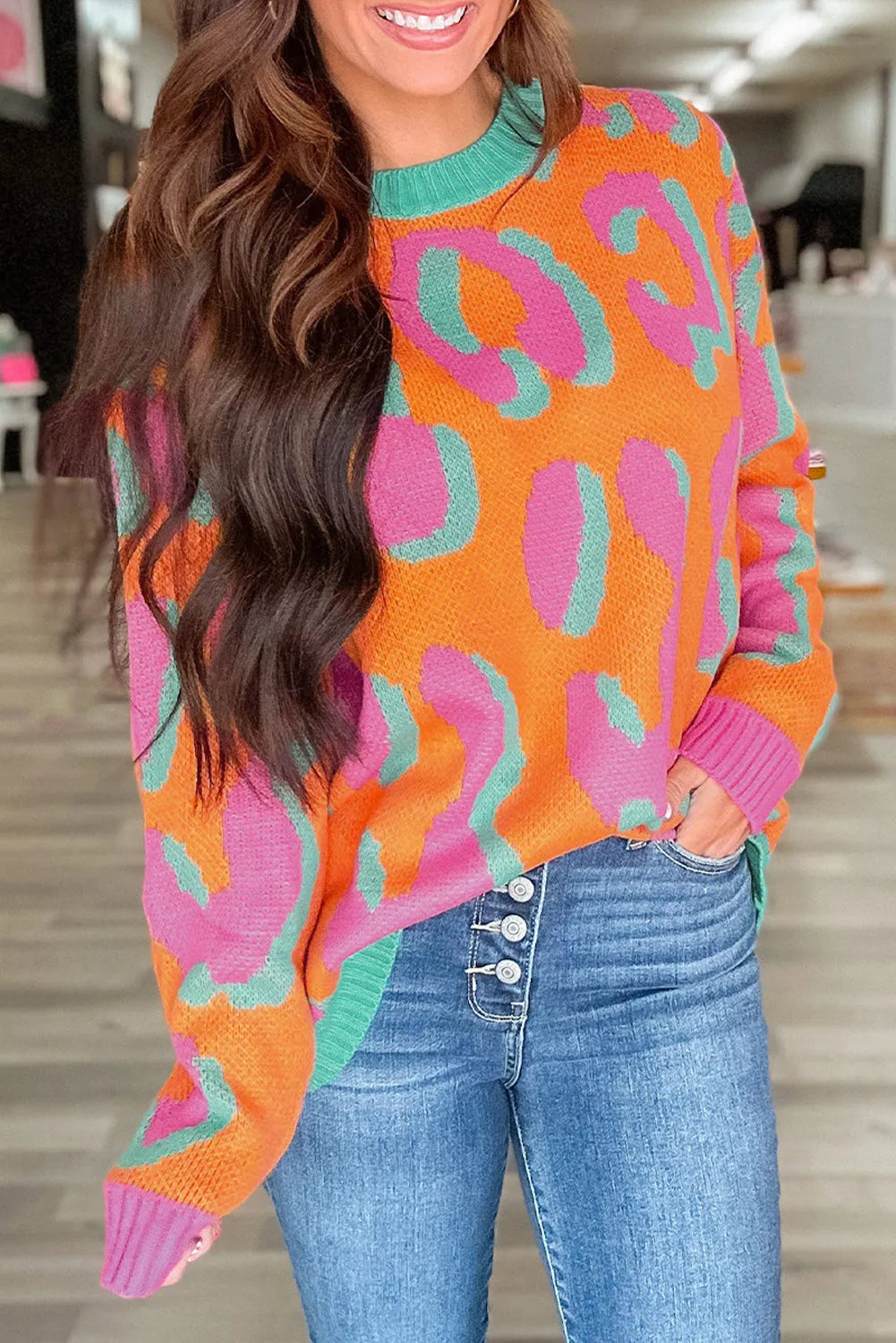 Orange Leopard Colorblock Ribbed Edge Sweater - Chic Meadow Boutique 