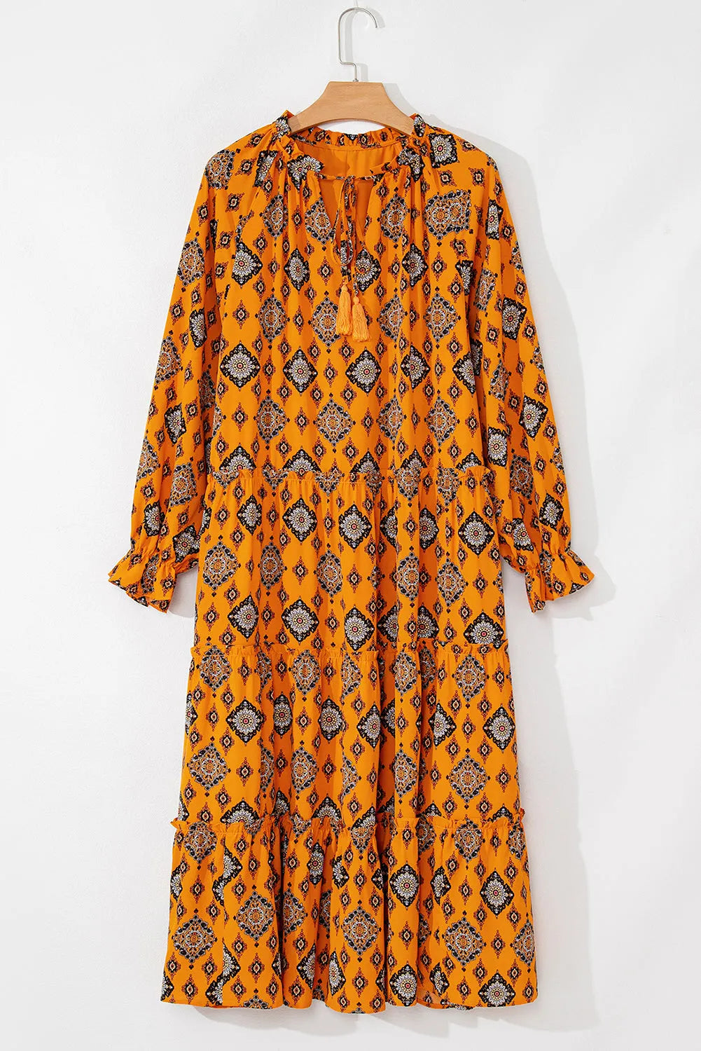 Orange Western Geometric Print Tiered Frilled Loose Fit Midi Dress - Chic Meadow Boutique 