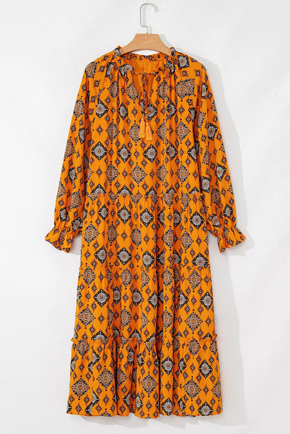 Orange Western Geometric Print Tiered Frilled Loose Fit Midi Dress - Chic Meadow Boutique 