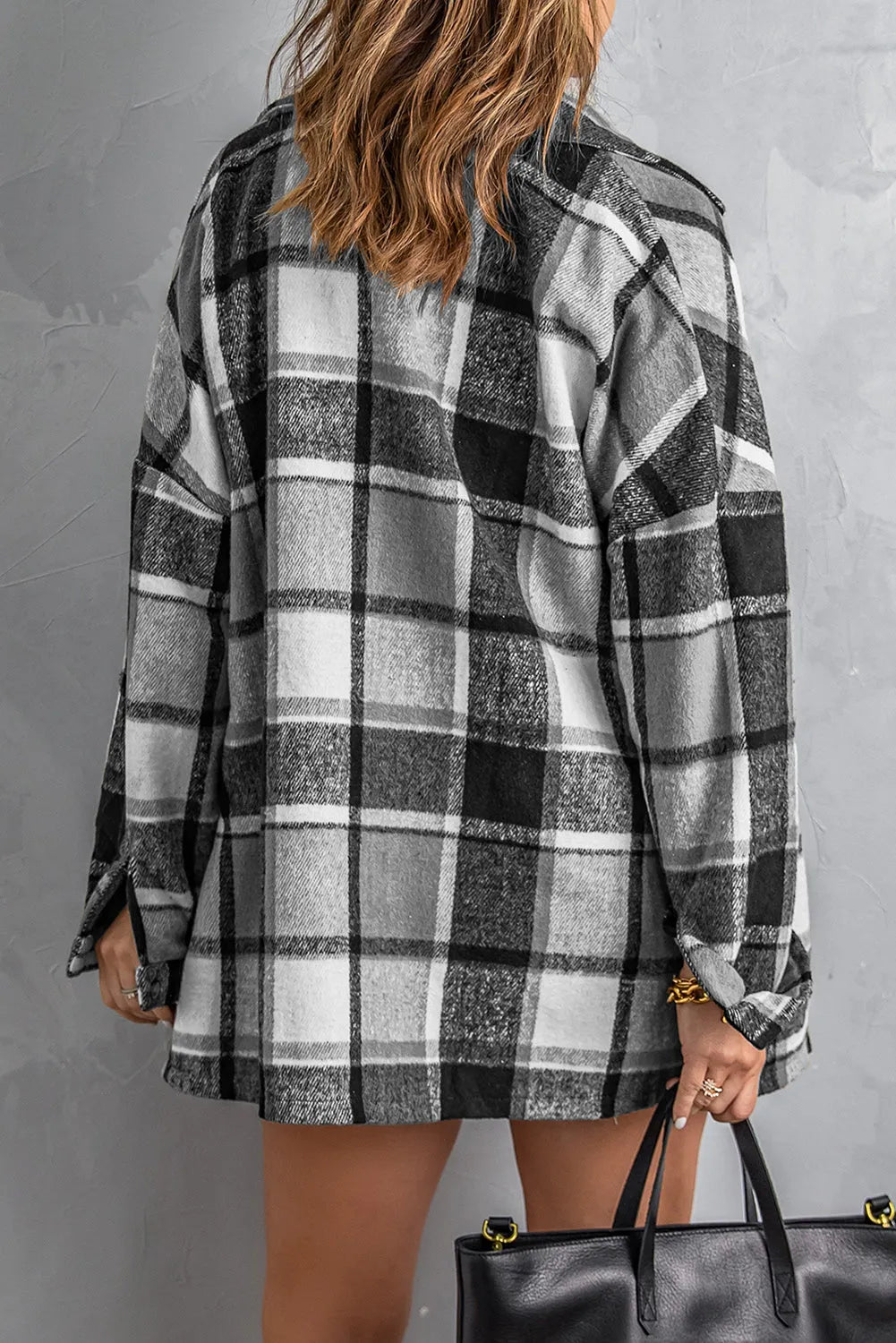 Gray Plaid Print Buttoned Shirt Jacket - Chic Meadow Boutique 