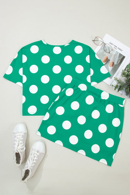Green Polka Dot Print Cropped Tee Bodycon Skort 2pcs Set