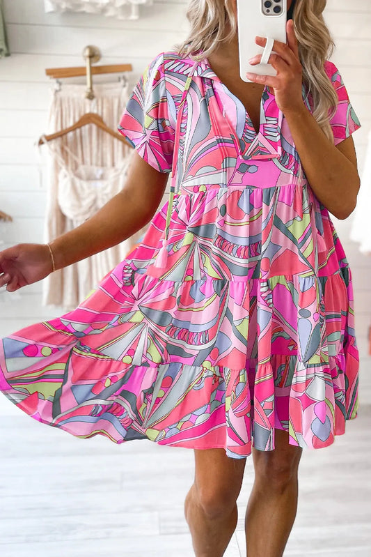 Pink Abstract Geometric Print Tassel Tie Flared Dress - Chic Meadow Boutique 