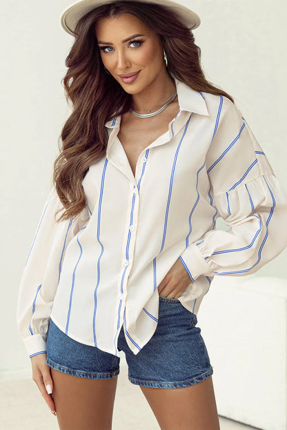 Sky Blue Stripe Drop Shoulder Bubble Sleeve Loose Shirt - Chic Meadow Boutique 