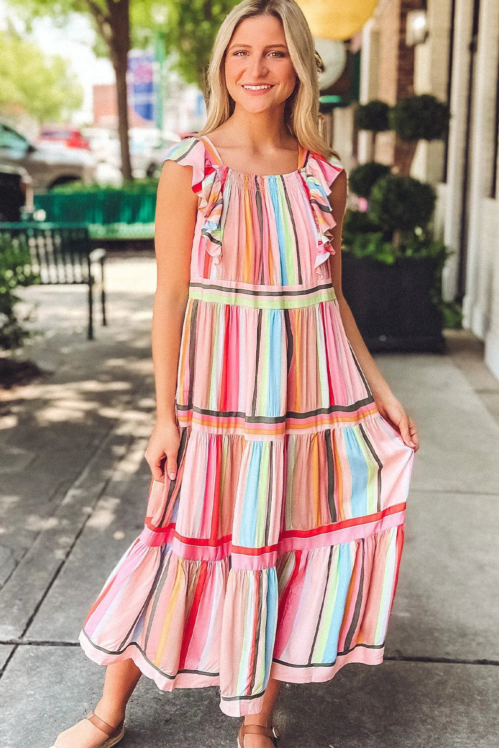 Pink Rainbow Stripe Ruffles Ruched Tiered Dress - Chic Meadow Boutique 