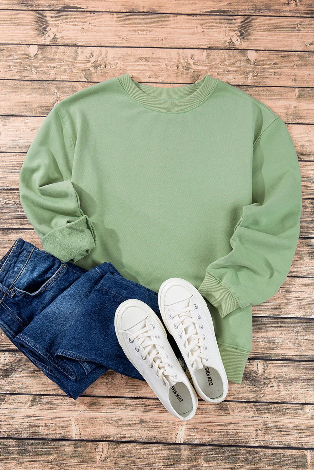 Smoke Green Plain Drop Shoulder Crewneck Pullover Sweatshirt - Chic Meadow Boutique 