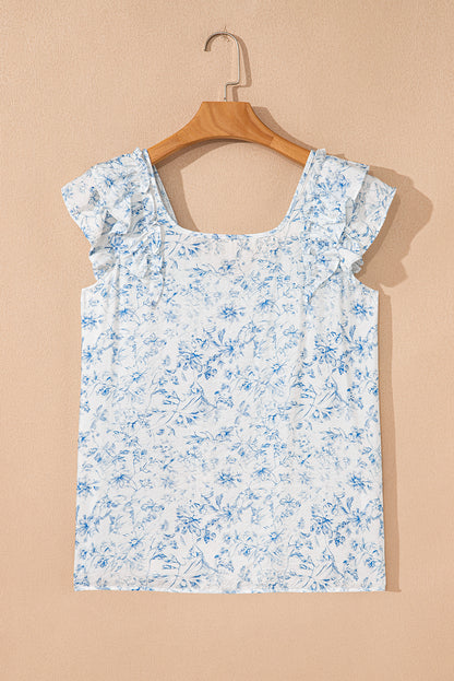 Sky Blue Floral Ruffled Short Sleeve Bow Back Square Neck Blouse
