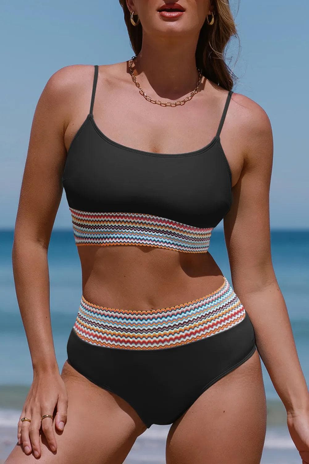 Swimwear/High Waisted Swimsuit Black Striped Patchwork Spaghetti Strap High Waist Bikini Swimsuit