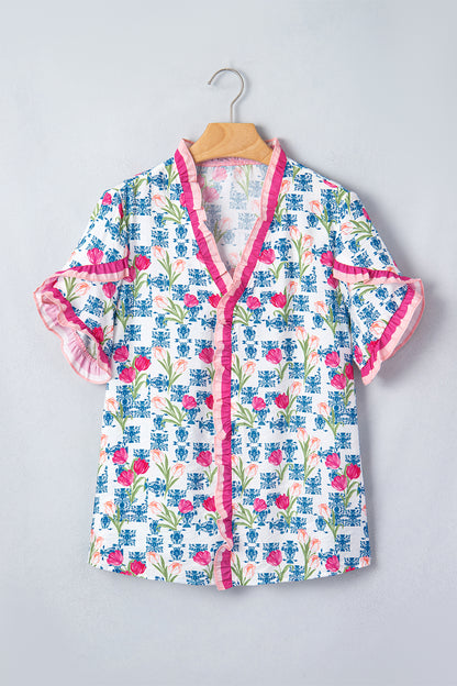 Rose Floral Print Ruffle V-Neck Short Sleeve Loose Tunic Shirt