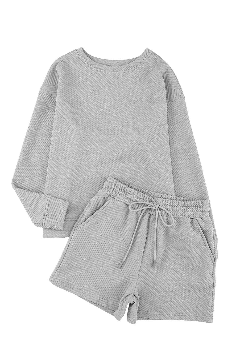 Two Piece Sets/Short Sets Gray Textured Long Sleeve Top and Drawstring Shorts Set