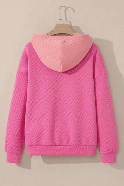 Pink Textured Color Block Kangaroo Pocket Drop Shoulder Hoodie - Chic Meadow Boutique 