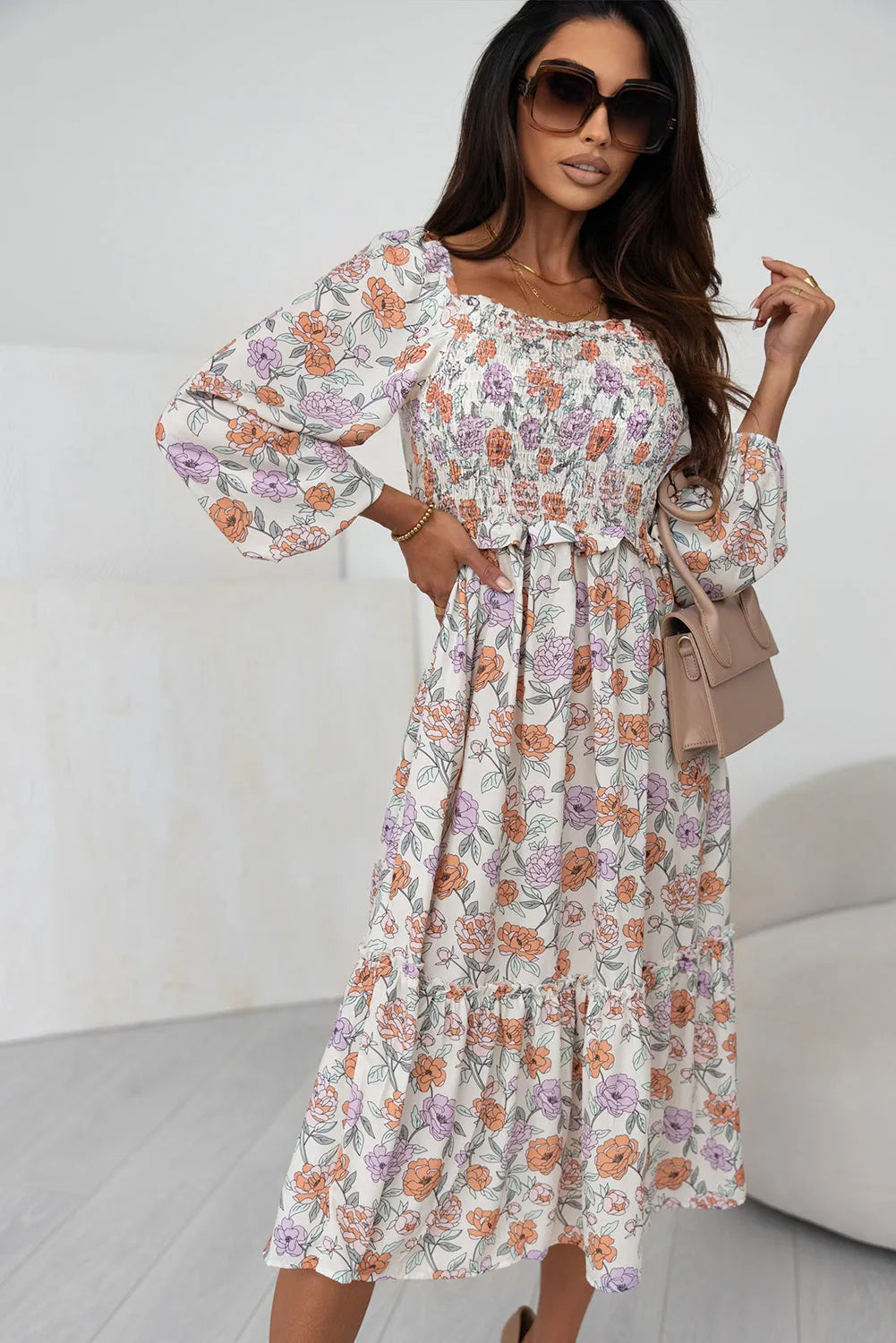 Multicolor Floral Smocked Long Sleeve Pocketed Dress - Chic Meadow Boutique 