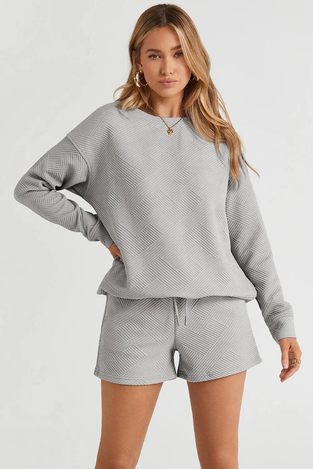 Two Piece Sets/Short Sets Gray Textured Long Sleeve Top and Drawstring Shorts Set