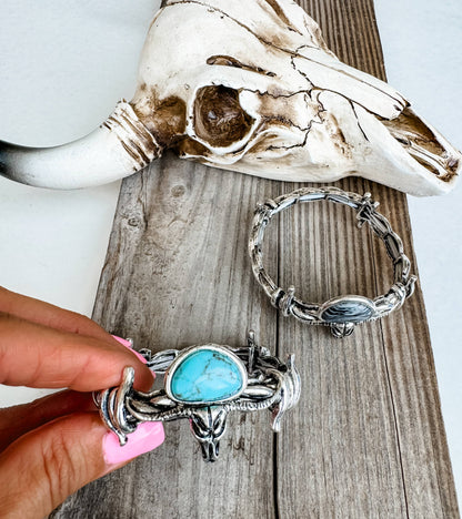 Western Steer Skull Stone Barbed Wire Stretch Bracelet