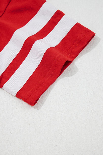Fiery Red Varsity Striped Short Sleeve Crew Neck T Shirt