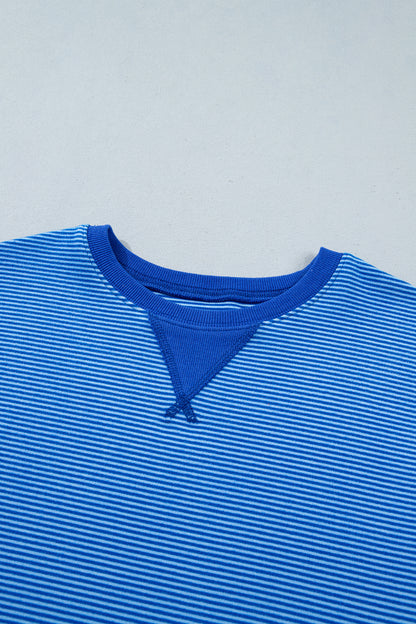 Blue Stripe Ribbed Cuffs Hem Long Sleeve Pullover Top
