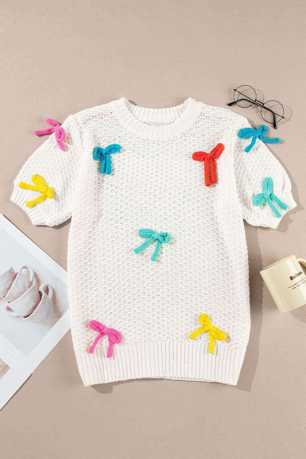 White Colorful Bow Knit Mock Neck Short Sleeve Sweater