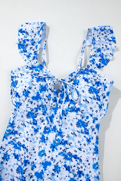 Blue Floral Ruffled Strap Lace-up Hollow Out One Piece Swimsuit