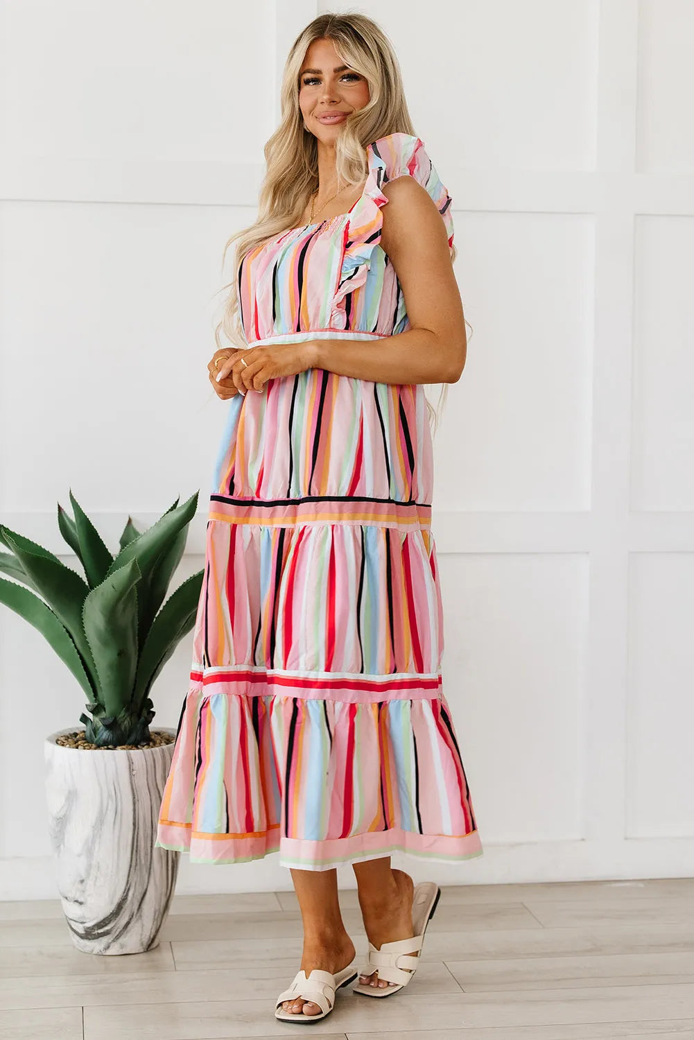 Pink Rainbow Stripe Ruffles Ruched Tiered Dress - Chic Meadow Boutique 